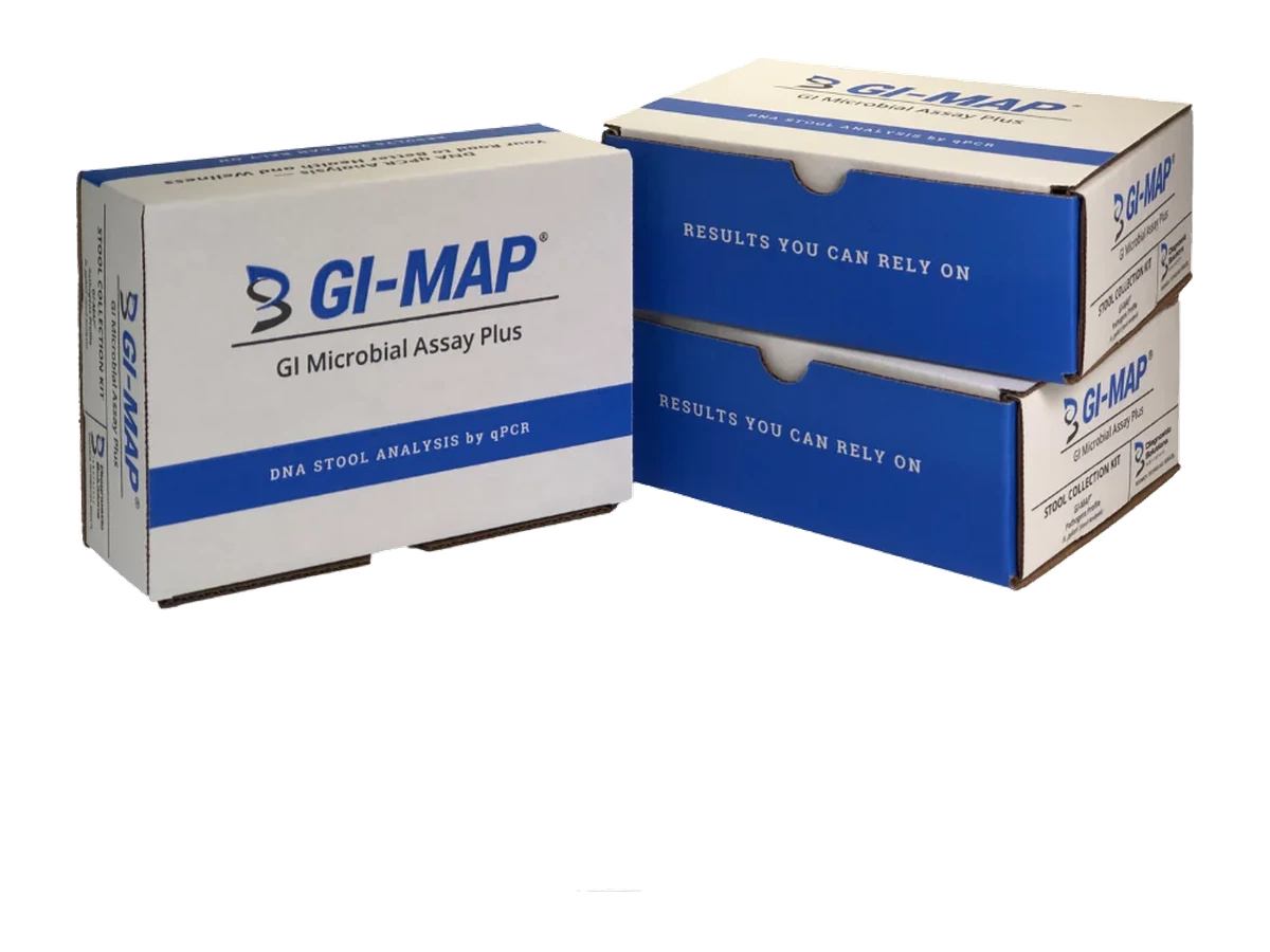 G.I. MAP stool test kit boxes — at-home DNA gut health analysis
