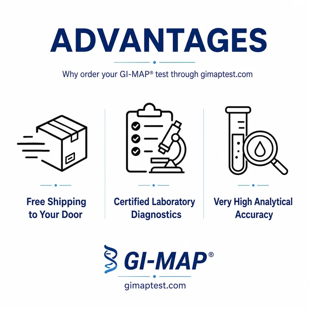 GI-MAP™ test advantages: free shipping to your door, certified laboratory diagnostics, and very high analytical accuracy