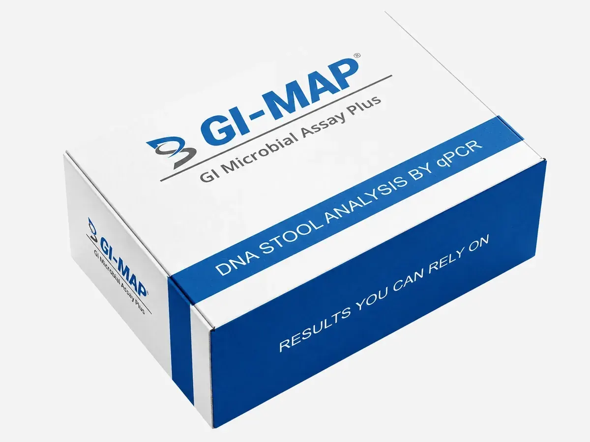 GI-MAP™ GI Microbial Assay Plus test kit box — DNA stool analysis by qPCR