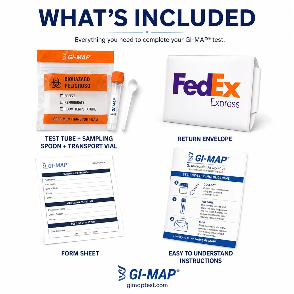 What's included in the GI-MAP™ kit: specimen transport bag with test tube and sampling spoon, prepaid FedEx return envelope, patient form sheet, and step-by-step instructions